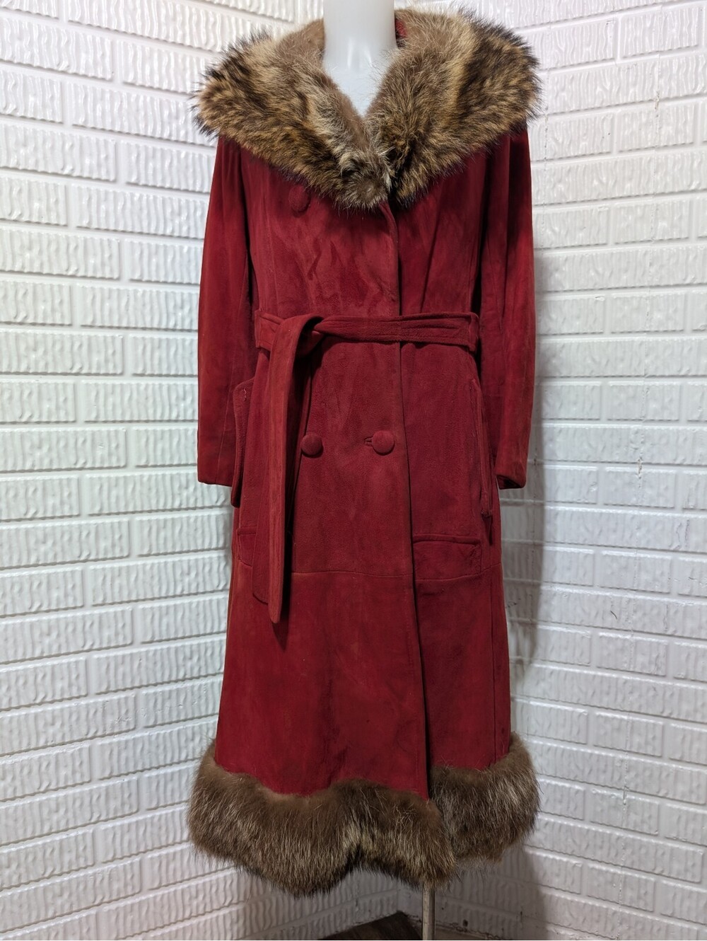 Vintage Red Suede Coat with Fur Trim Collar and Hem Sz S